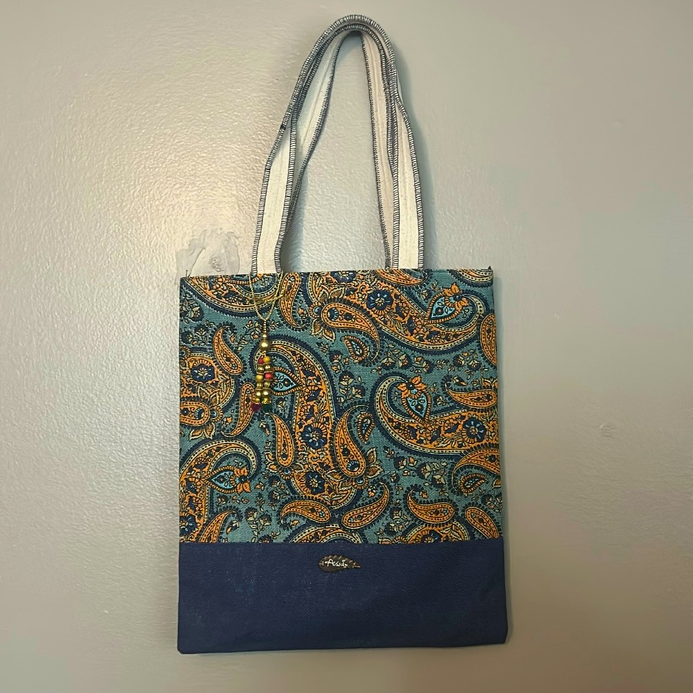 Avani Earth Blue Paisley Beaded Keychain Jute Tote Bag